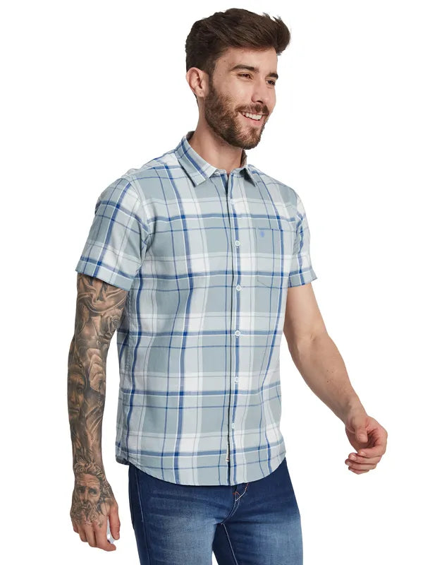 Mettle Tartan Checked Spread Collar Short Sleeves Cotton Casual Shirt