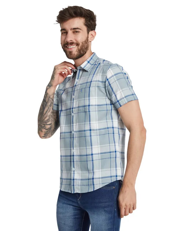 Mettle Tartan Checked Spread Collar Short Sleeves Cotton Casual Shirt