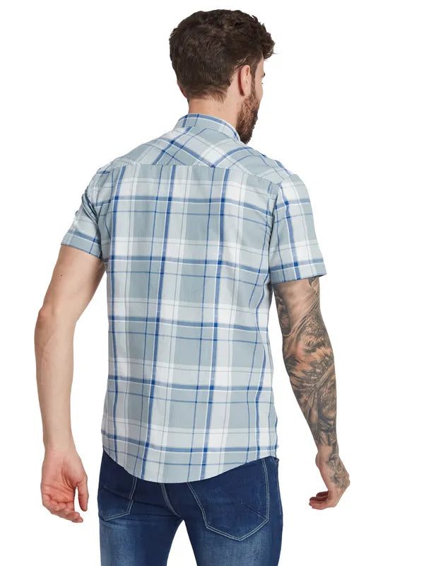 Mettle Tartan Checked Spread Collar Short Sleeves Cotton Casual Shirt