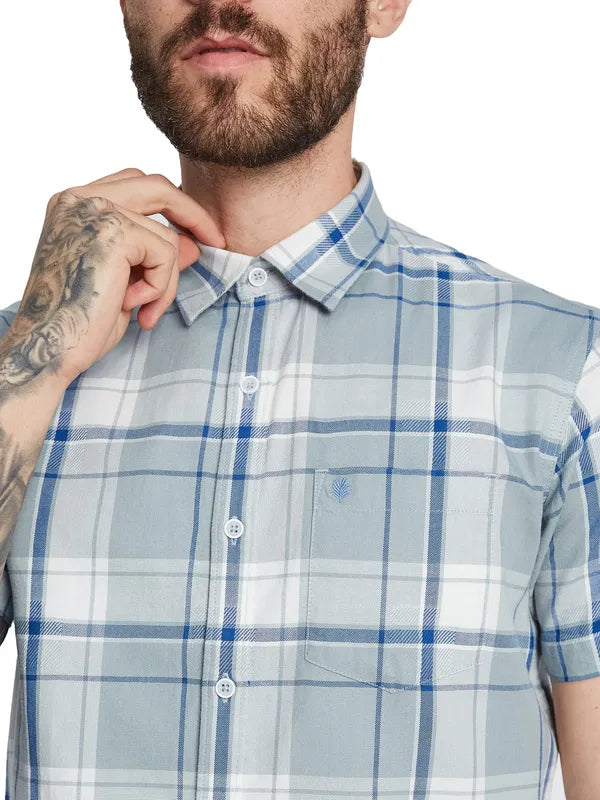 Mettle Tartan Checked Spread Collar Short Sleeves Cotton Casual Shirt