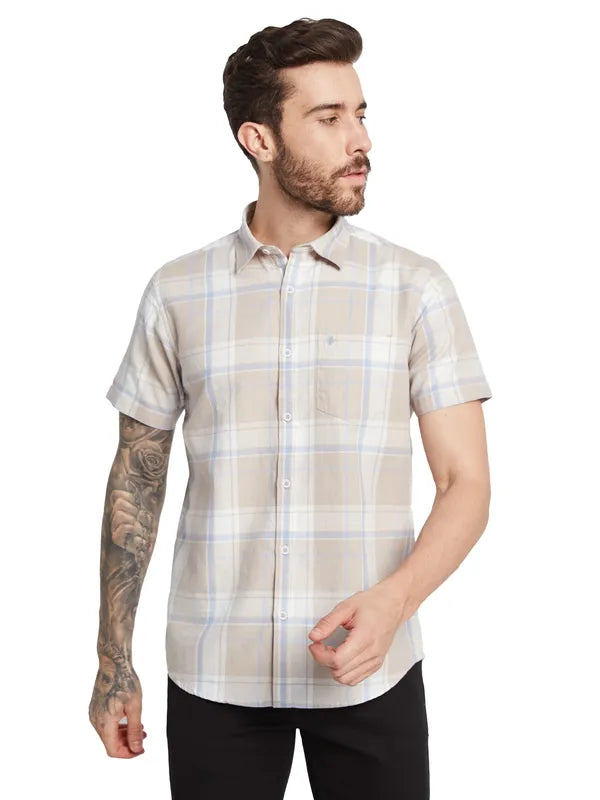 Mettle Checked Spread Collar Curved Cotton Casual Shirt