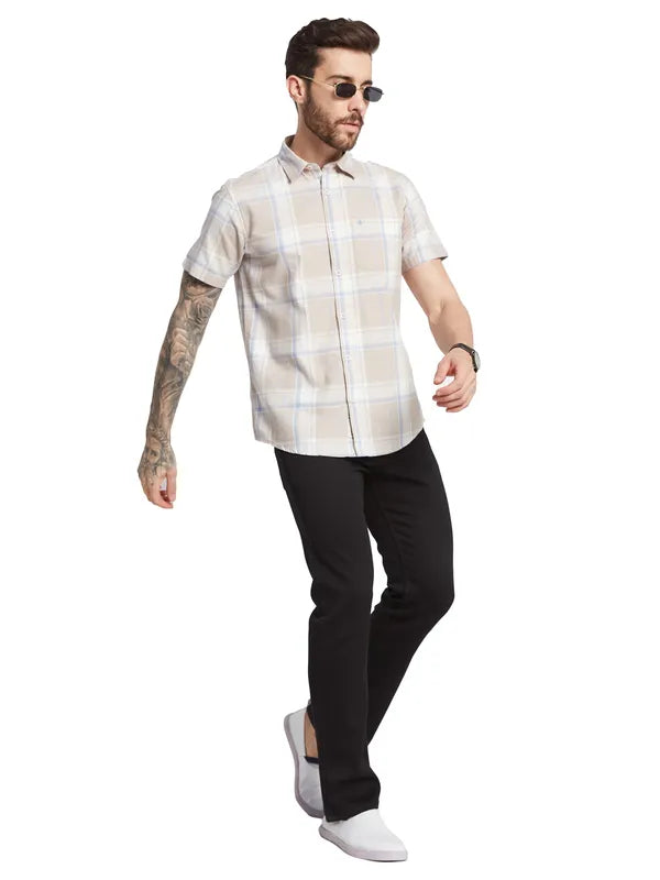 Mettle Checked Spread Collar Curved Cotton Casual Shirt