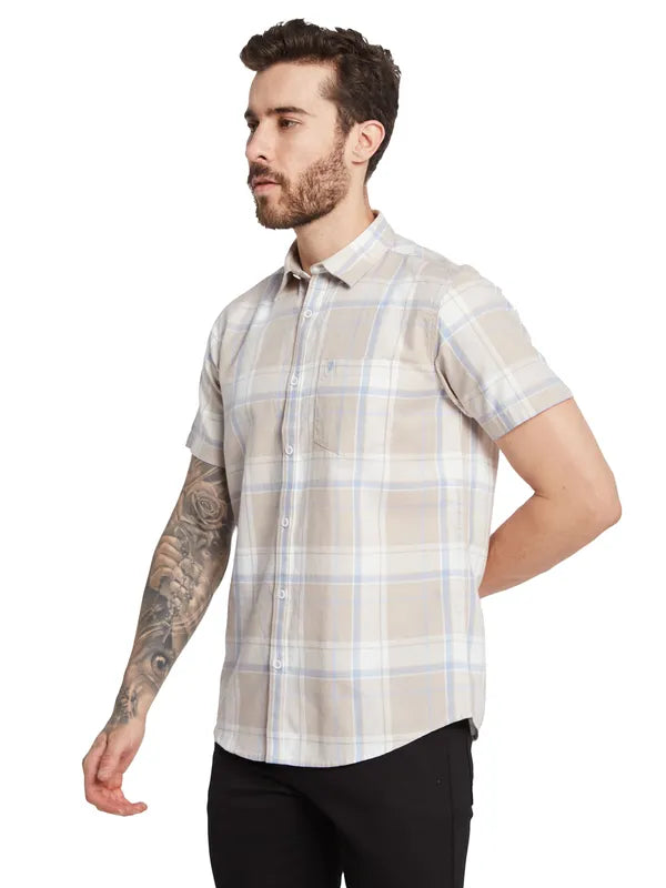 Mettle Checked Spread Collar Curved Cotton Casual Shirt