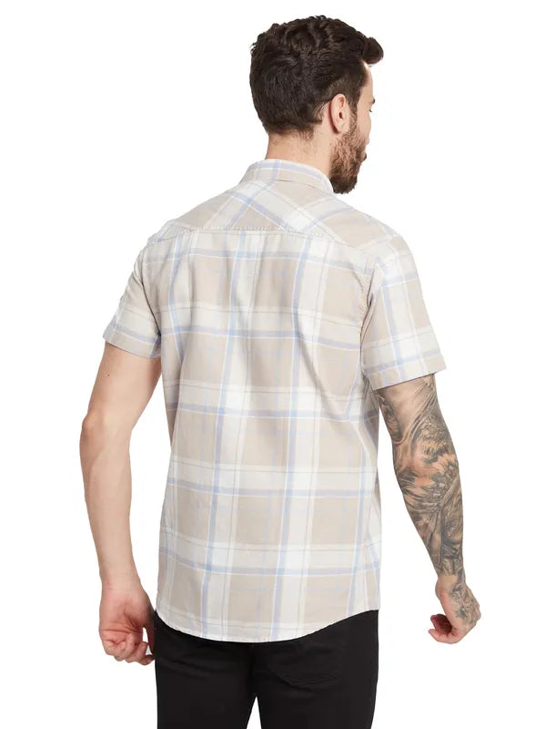 Mettle Checked Spread Collar Curved Cotton Casual Shirt