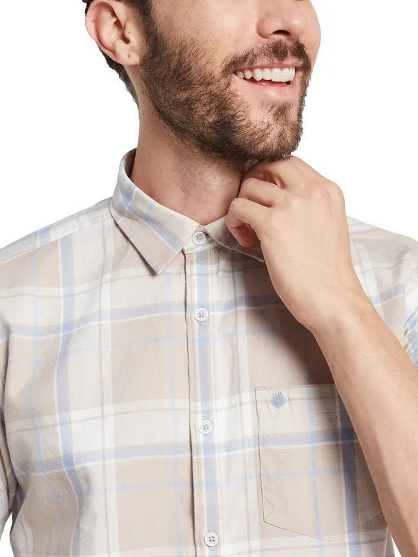 Mettle Checked Spread Collar Curved Cotton Casual Shirt