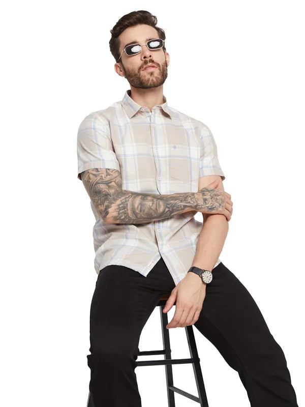 Mettle Checked Spread Collar Curved Cotton Casual Shirt