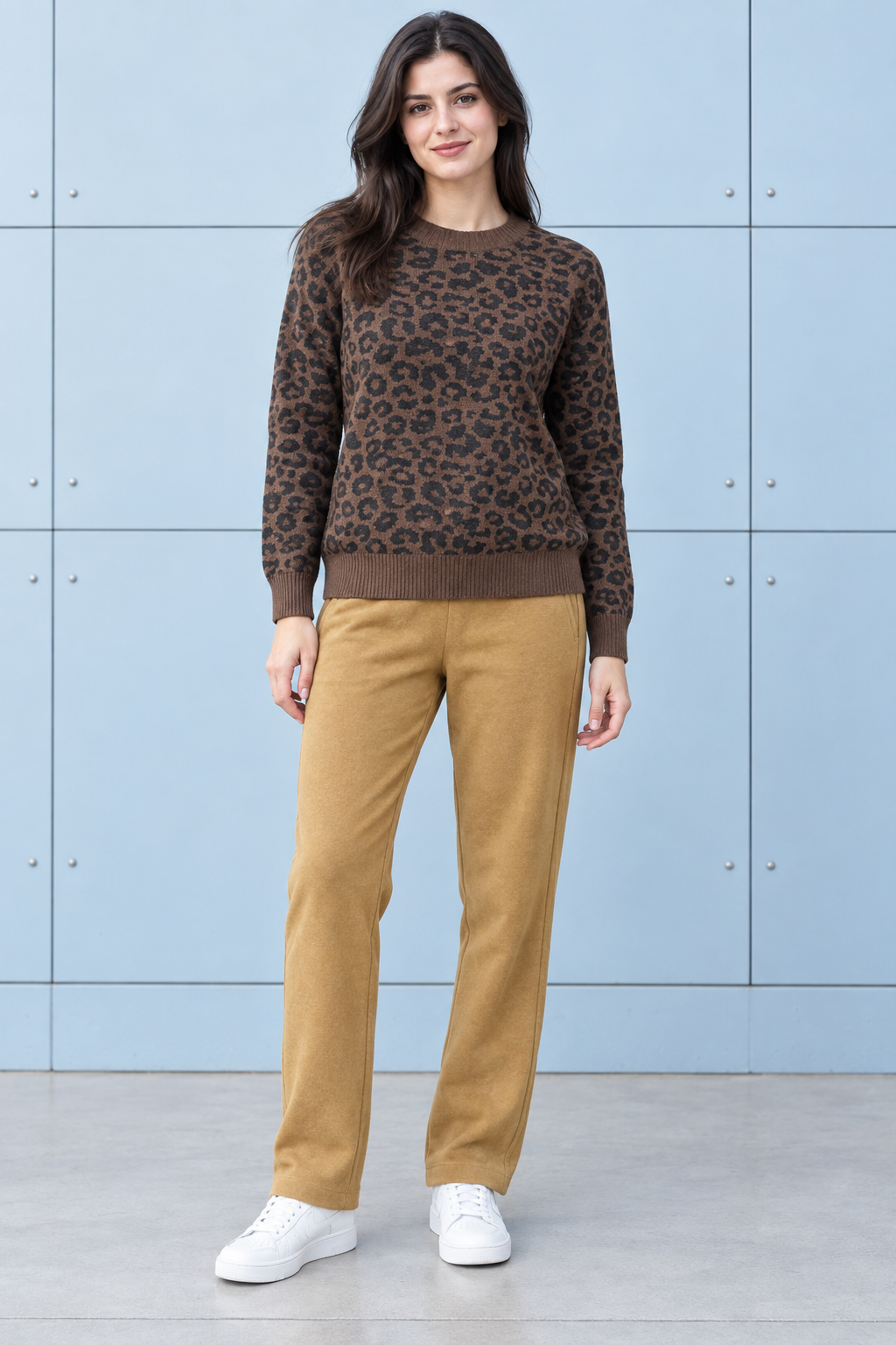 Women’s Coffee Knitted Wool Animal Print Sweater – Regular Fit Crew Neck