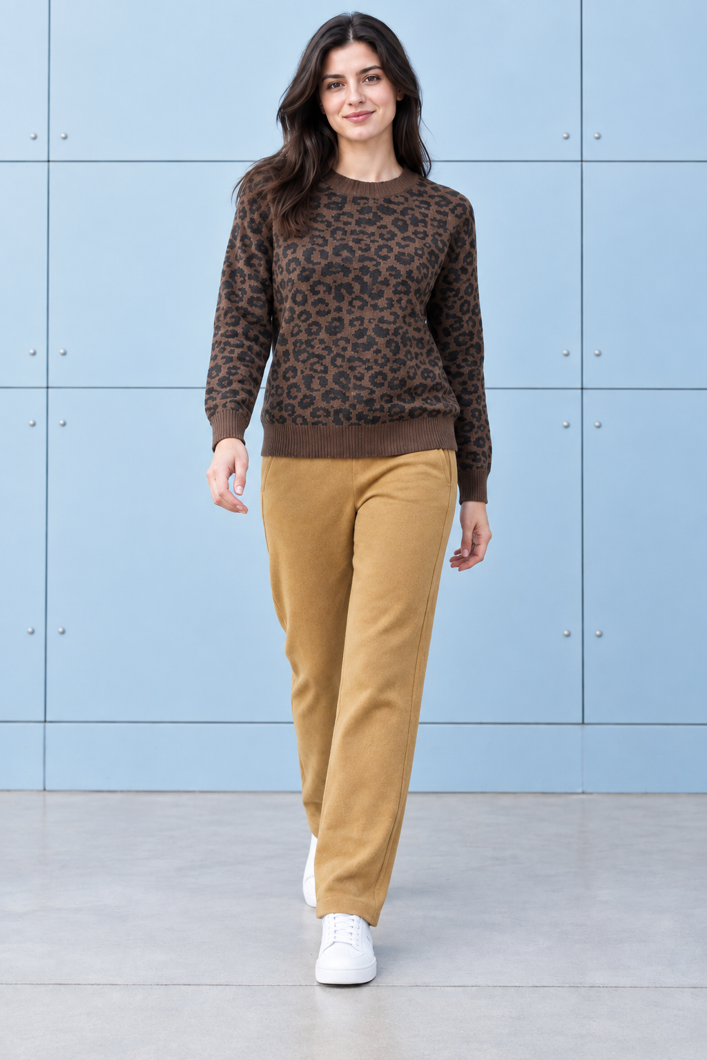Women’s Coffee Knitted Wool Animal Print Sweater – Regular Fit Crew Neck