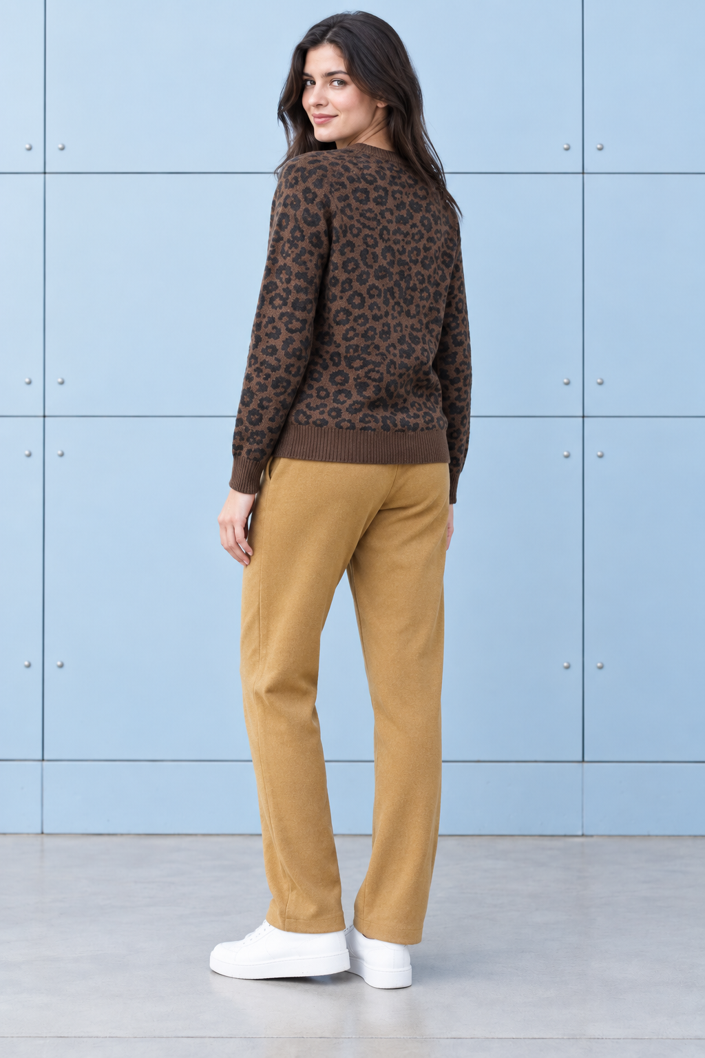Women’s Coffee Knitted Wool Animal Print Sweater – Regular Fit Crew Neck