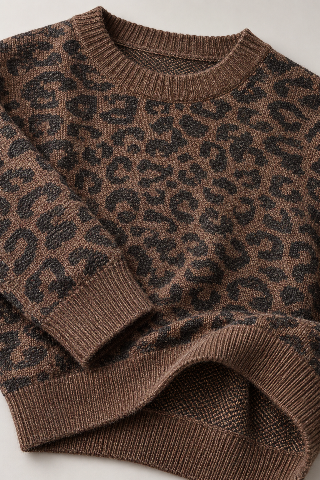 Women’s Coffee Knitted Wool Animal Print Sweater – Regular Fit Crew Neck