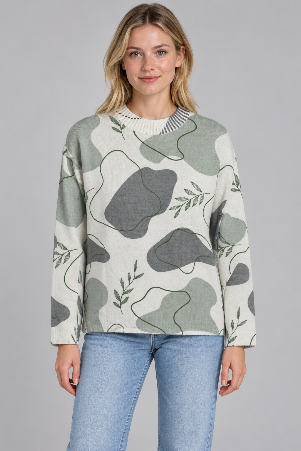 Women’s Regular Fit Knitted T-Neck Sweater – Sage Printed Pullover