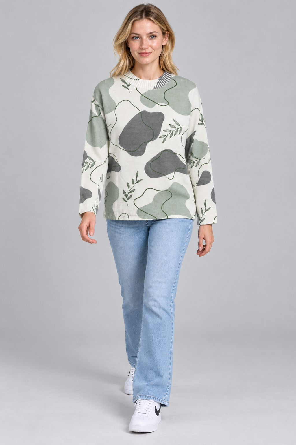 Women’s Regular Fit Knitted T-Neck Sweater – Sage Printed Pullover