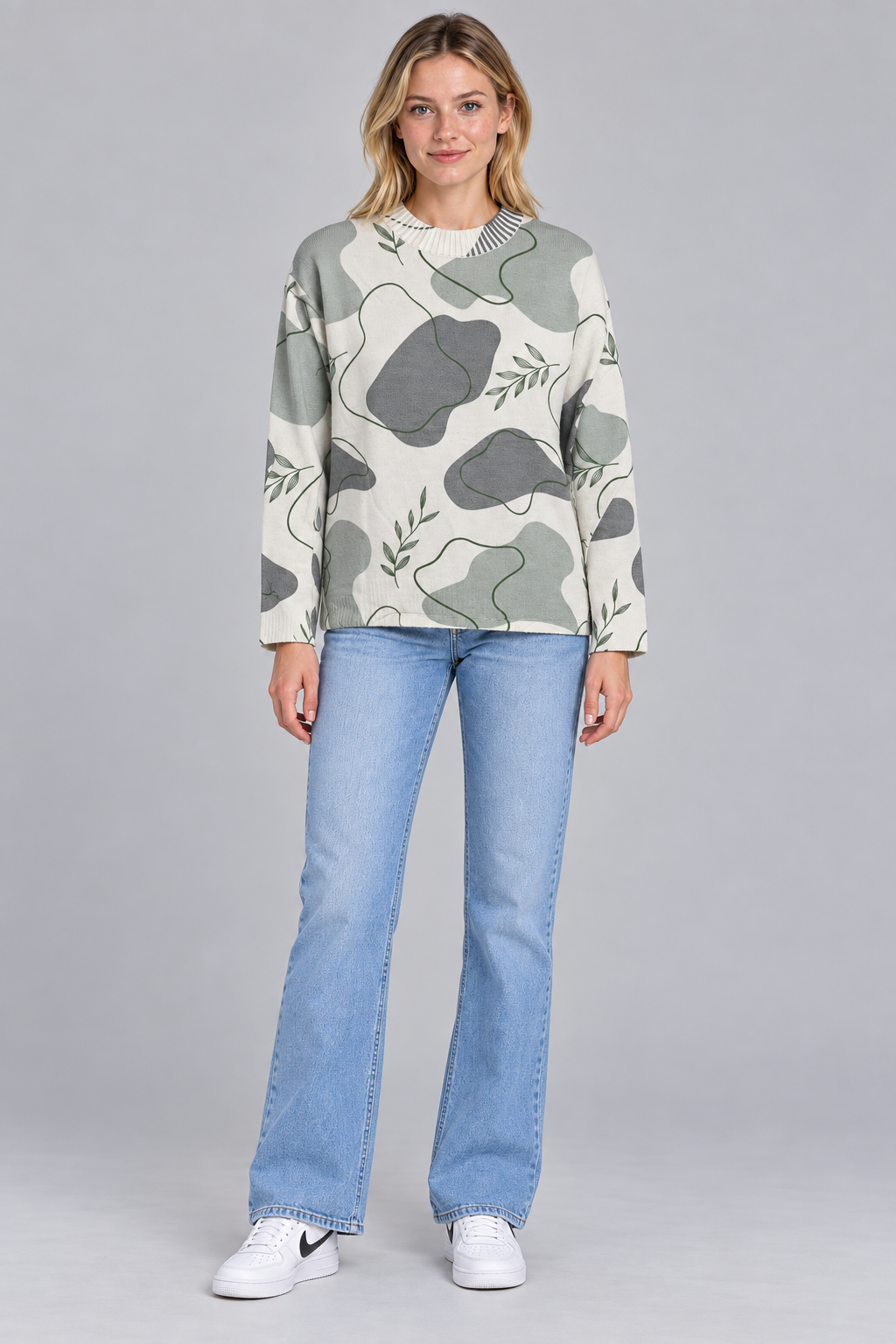 Women’s Regular Fit Knitted T-Neck Sweater – Sage Printed Pullover