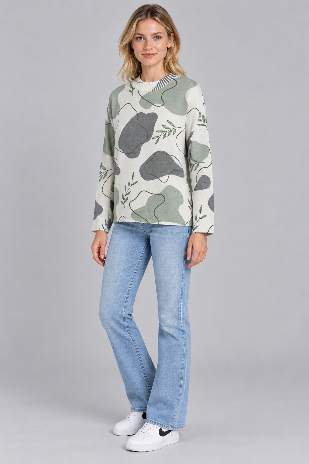 Women’s Regular Fit Knitted T-Neck Sweater – Sage Printed Pullover