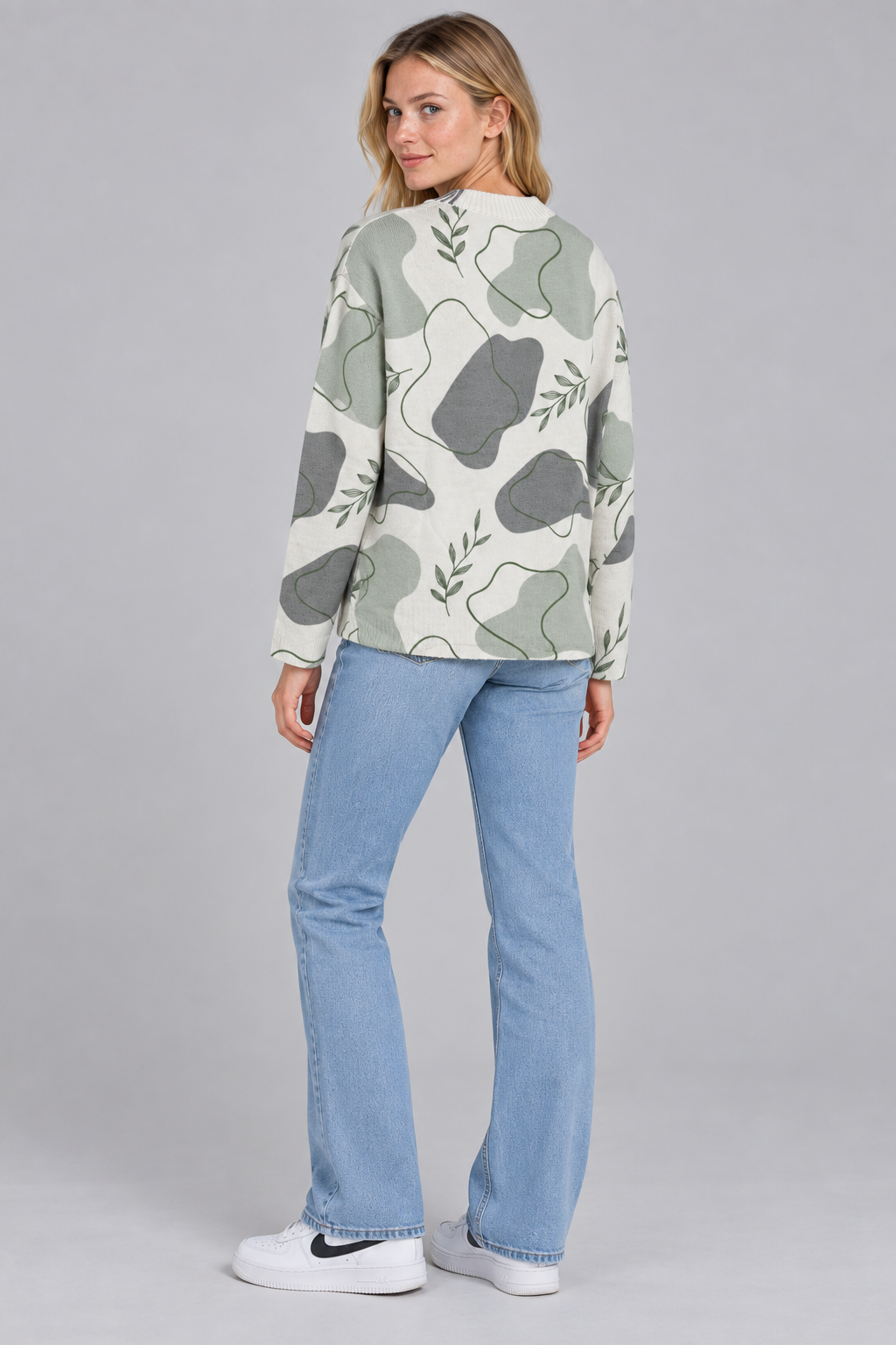 Women’s Regular Fit Knitted T-Neck Sweater – Sage Printed Pullover