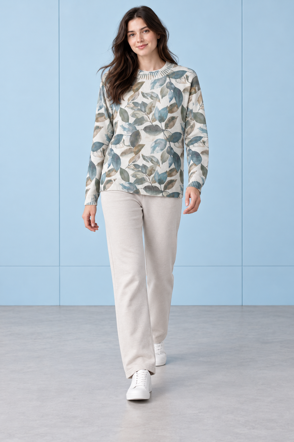 Women’s Light Teal Knitted Wool Botanical Print Sweater – Regular Fit Crew Neck