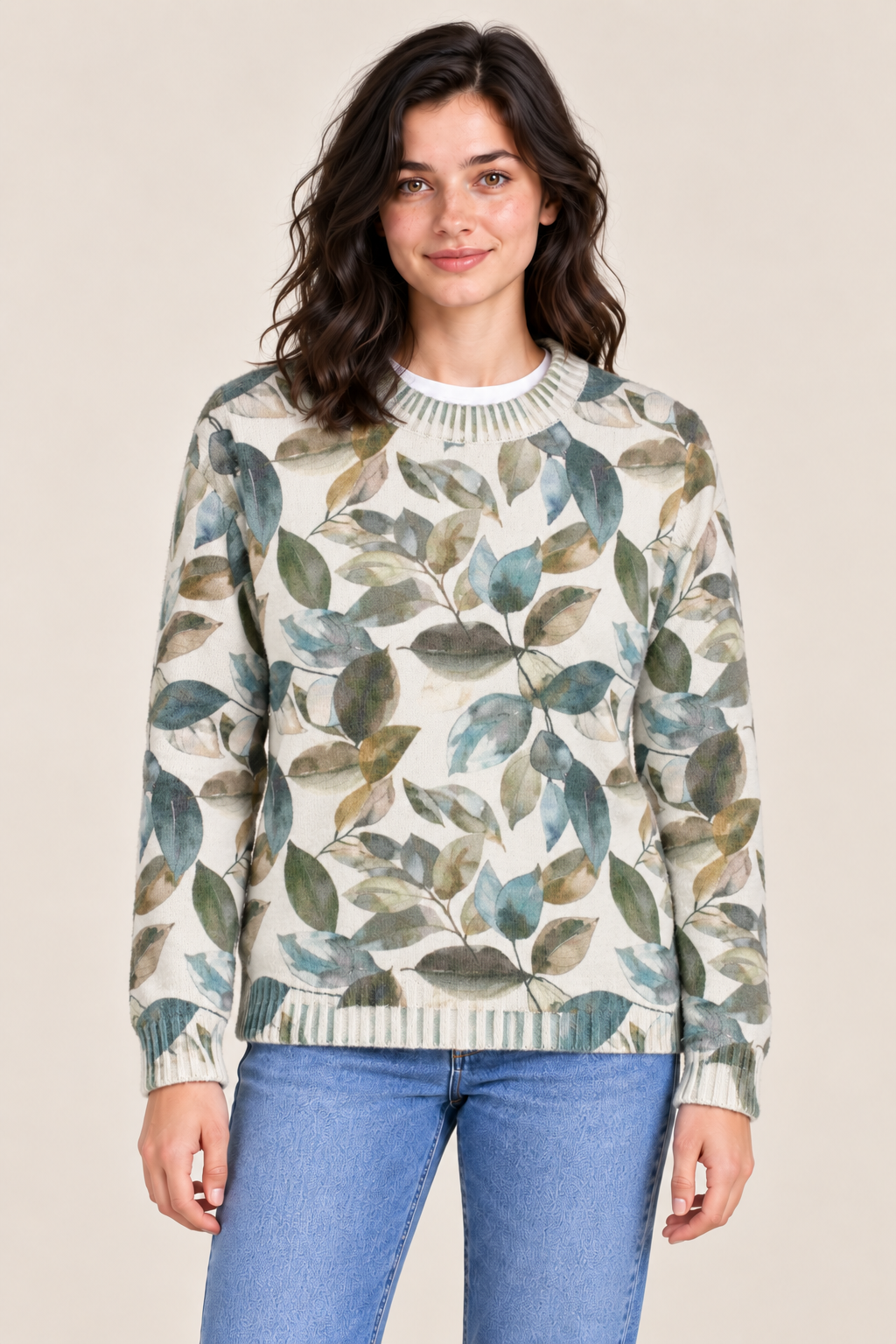 Women's Regular Fit Knitted Wool Crew Neck Sweater with All-Over Floral Leaf Print – Light Teal