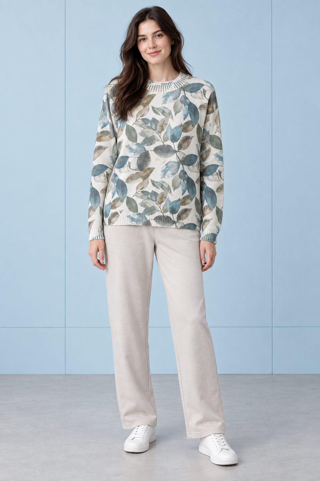 Women’s Light Teal Knitted Wool Botanical Print Sweater – Regular Fit Crew Neck
