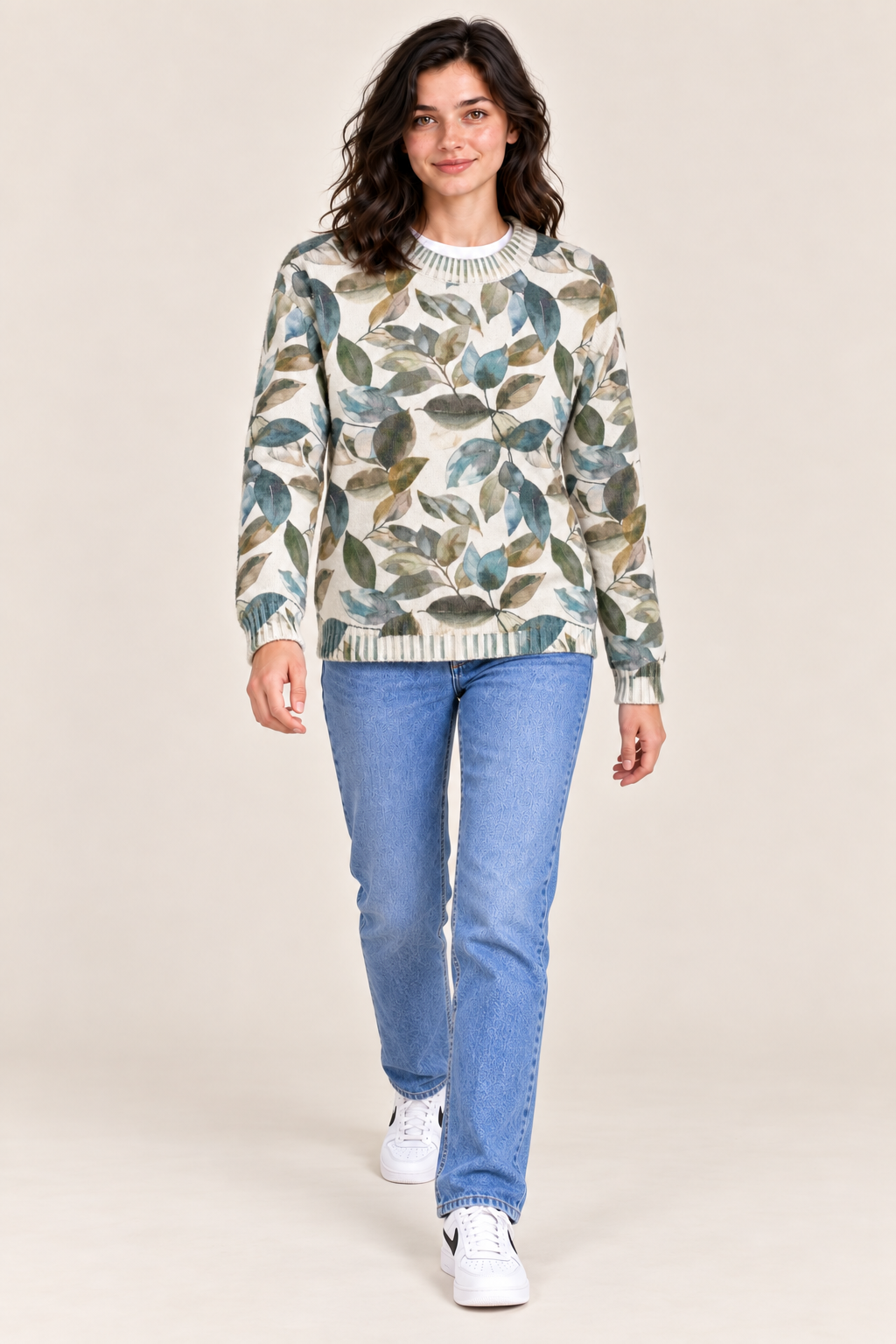 Women's Regular Fit Knitted Wool Crew Neck Sweater with All-Over Floral Leaf Print – Light Teal