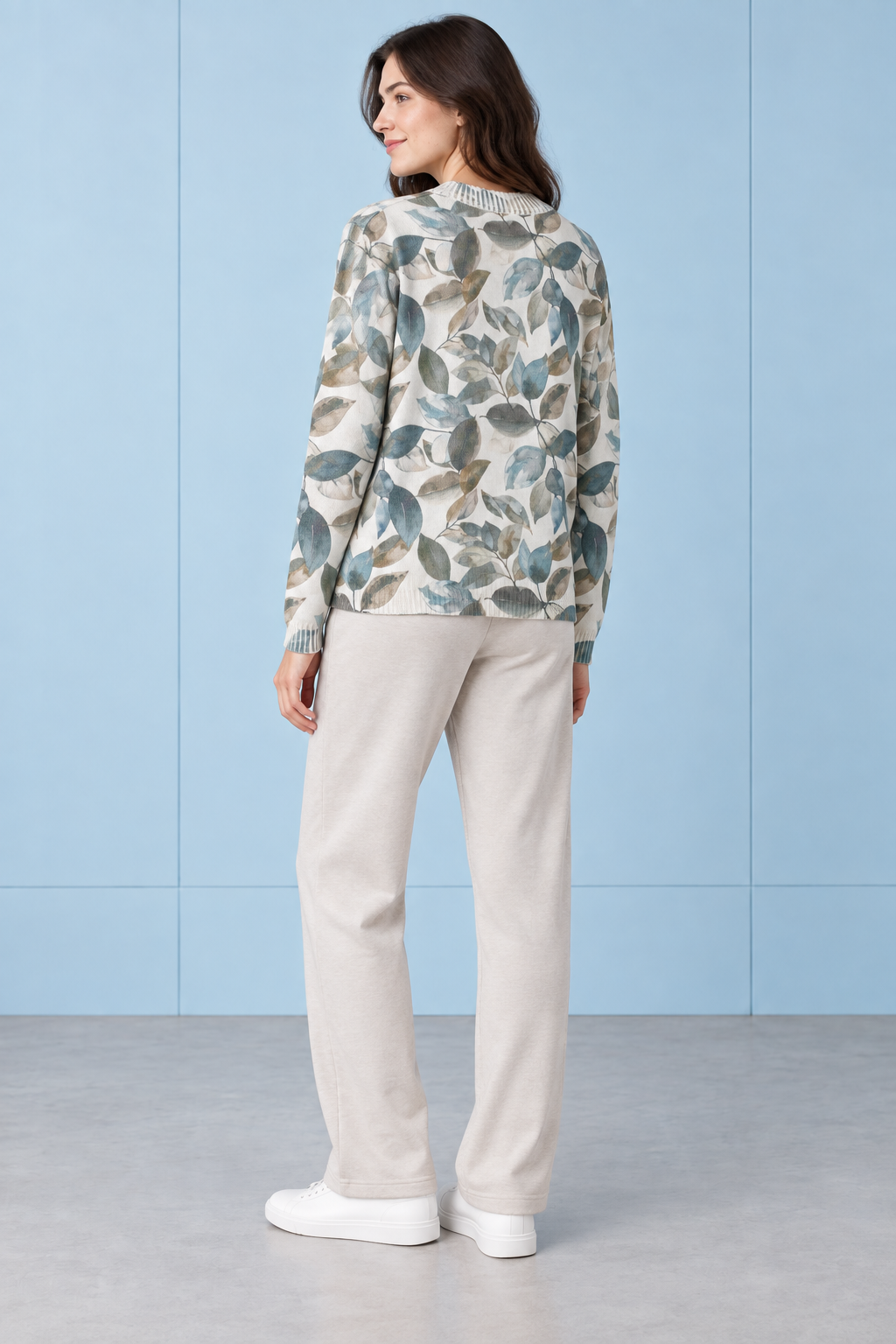 Women’s Light Teal Knitted Wool Botanical Print Sweater – Regular Fit Crew Neck