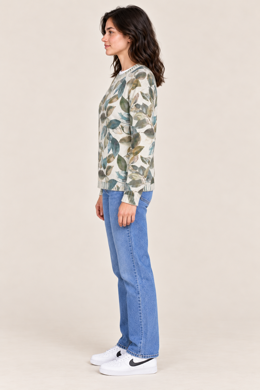 Women's Regular Fit Knitted Wool Crew Neck Sweater with All-Over Floral Leaf Print – Light Teal