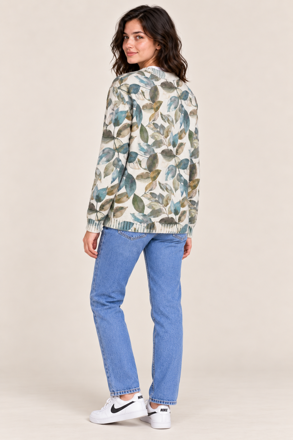 Women's Regular Fit Knitted Wool Crew Neck Sweater with All-Over Floral Leaf Print – Light Teal