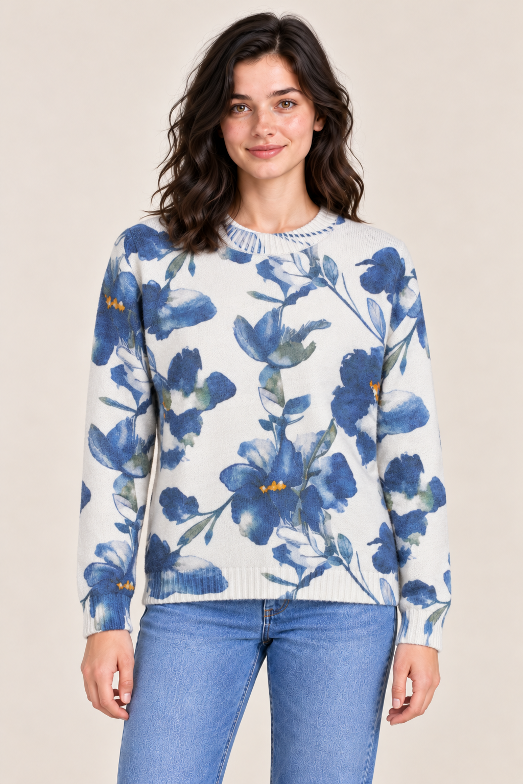 Women's Regular Fit Knitted Wool Crew Neck Sweater with All-Over Floral Leaf Print – Floral Blue