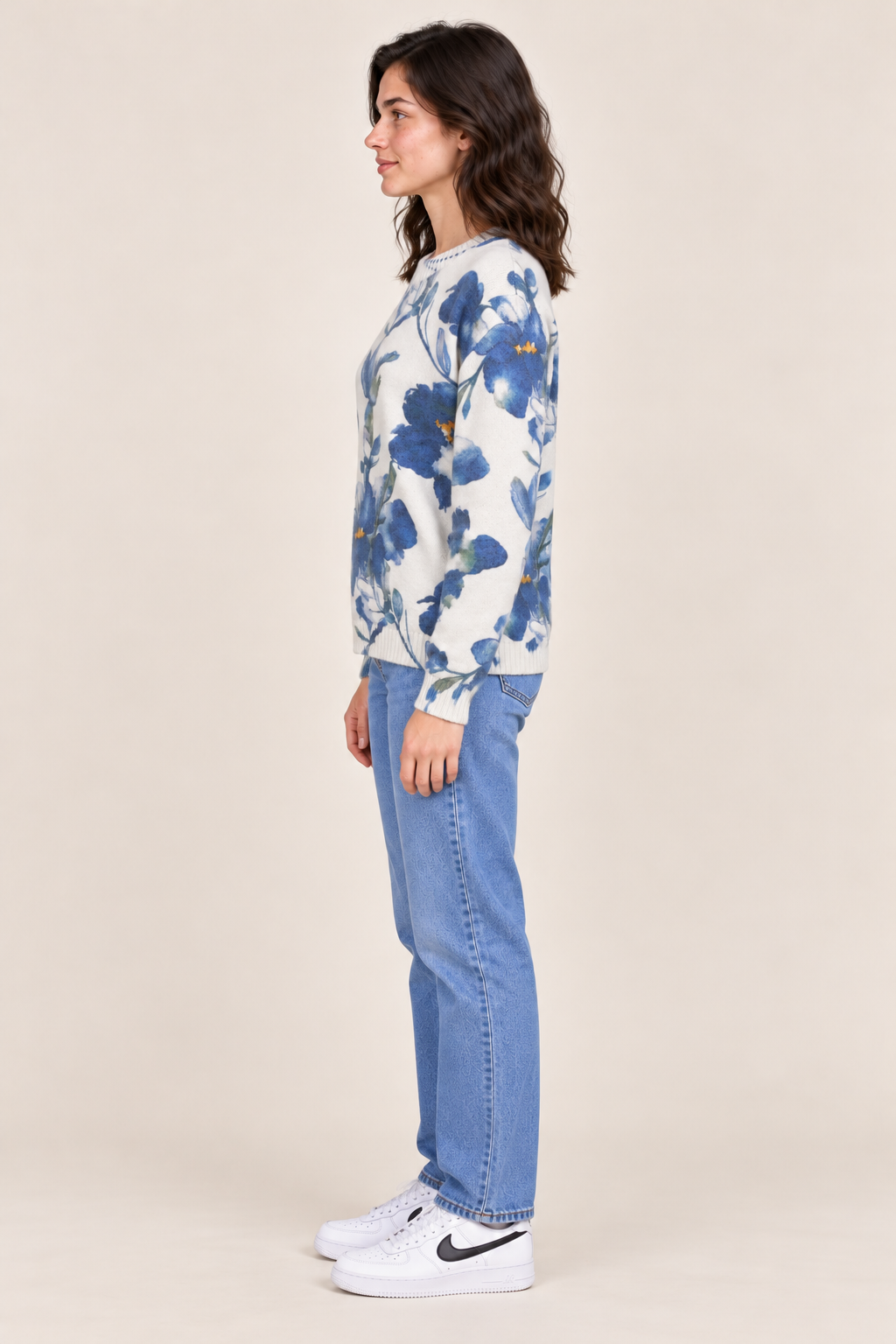 Women's Regular Fit Knitted Wool Crew Neck Sweater with All-Over Floral Leaf Print – Floral Blue