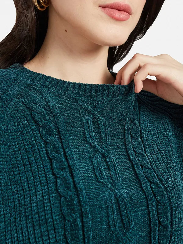 Mettle Women Green Cable Knit Pullover