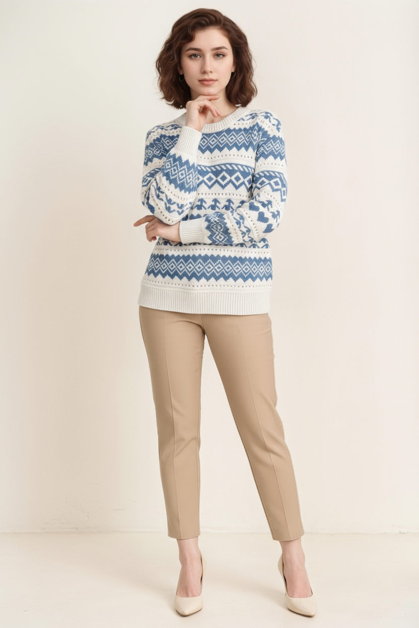 Women Fair Isle Printed Round Neck Pullover Sweater