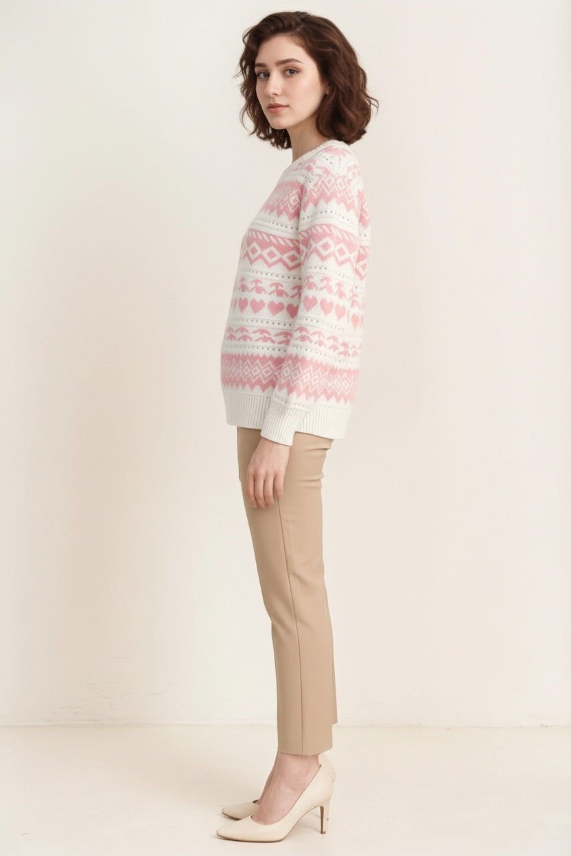 Women Fair Isle Printed Round Neck Pullover Sweater