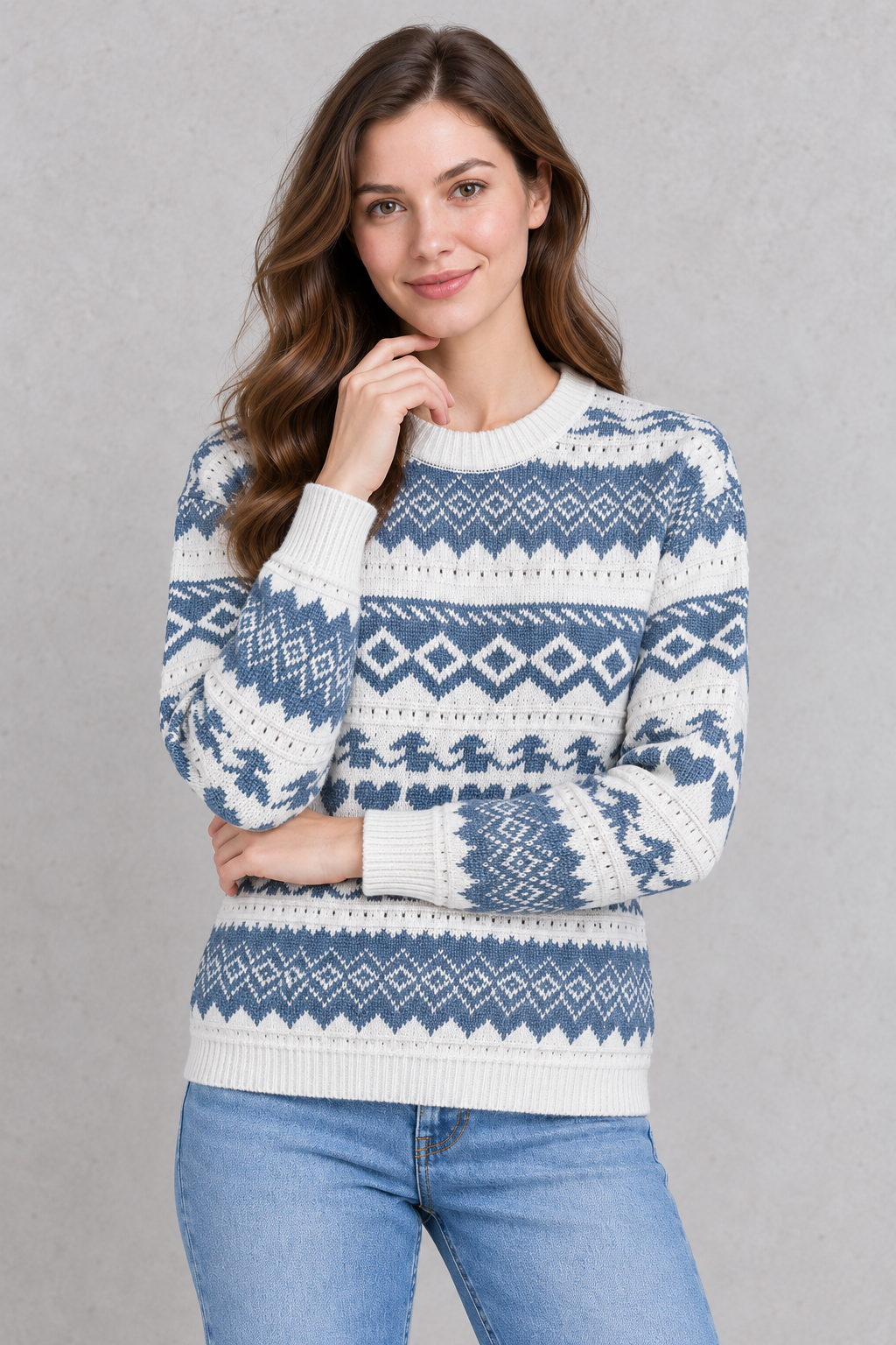 Women’s Off White & Oxford Blue Jacquard Knit Sweater – Regular Fit Full Sleeve Winter Pullover