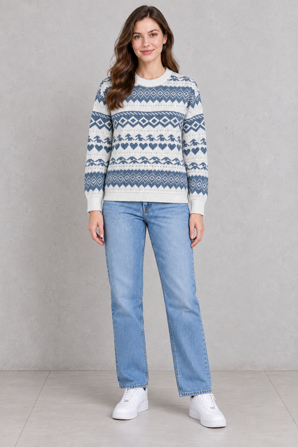 Women’s Off White & Oxford Blue Jacquard Knit Sweater – Regular Fit Full Sleeve Winter Pullover