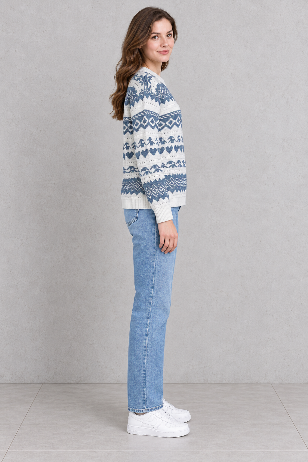 Women’s Off White & Oxford Blue Jacquard Knit Sweater – Regular Fit Full Sleeve Winter Pullover