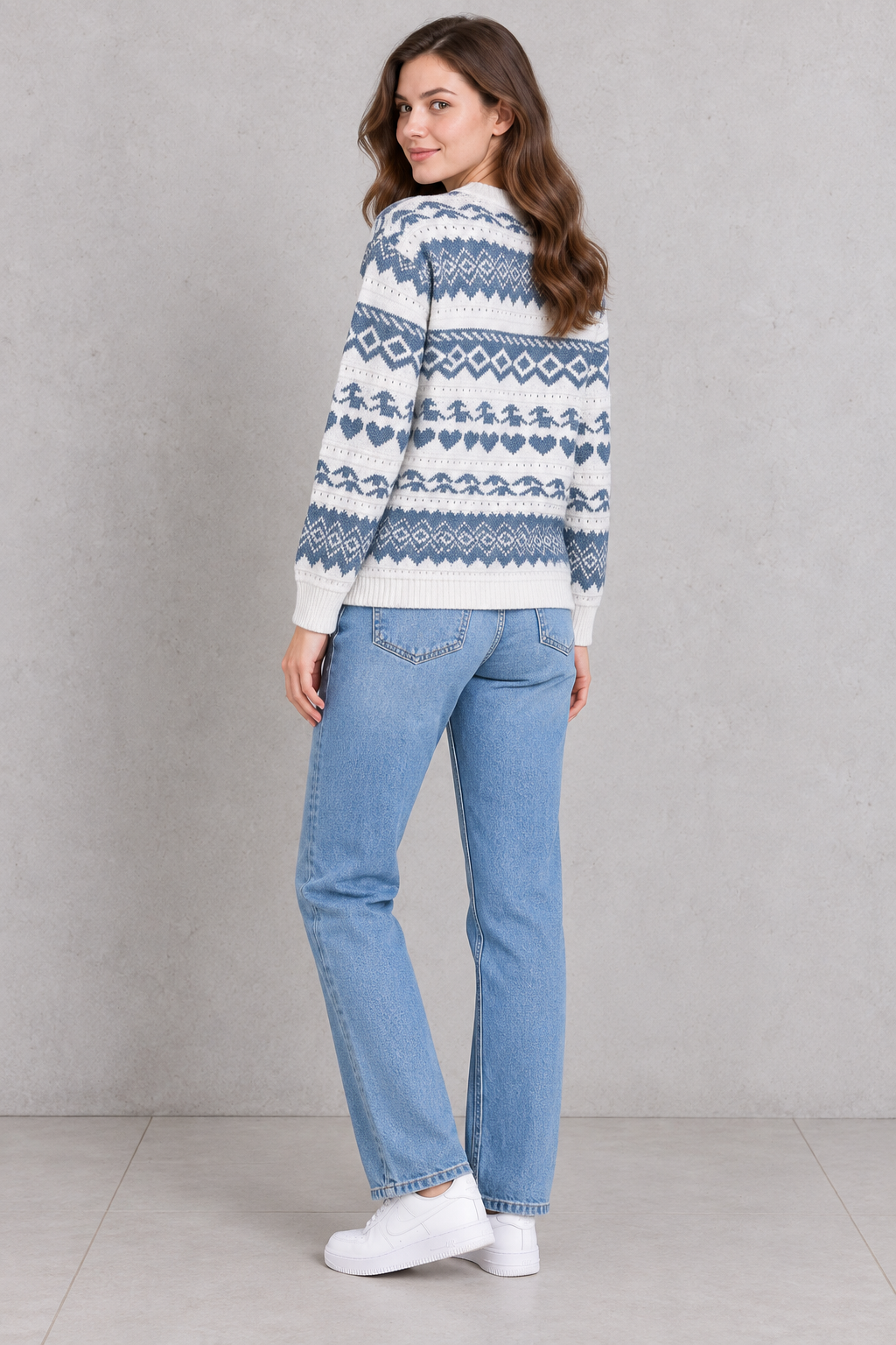 Women’s Off White & Oxford Blue Jacquard Knit Sweater – Regular Fit Full Sleeve Winter Pullover
