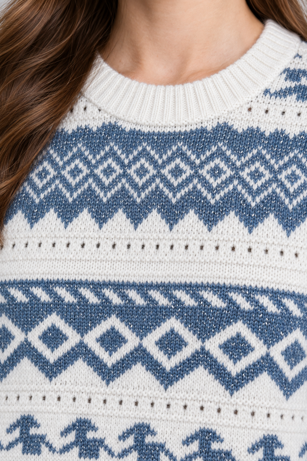 Women’s Off White & Oxford Blue Jacquard Knit Sweater – Regular Fit Full Sleeve Winter Pullover