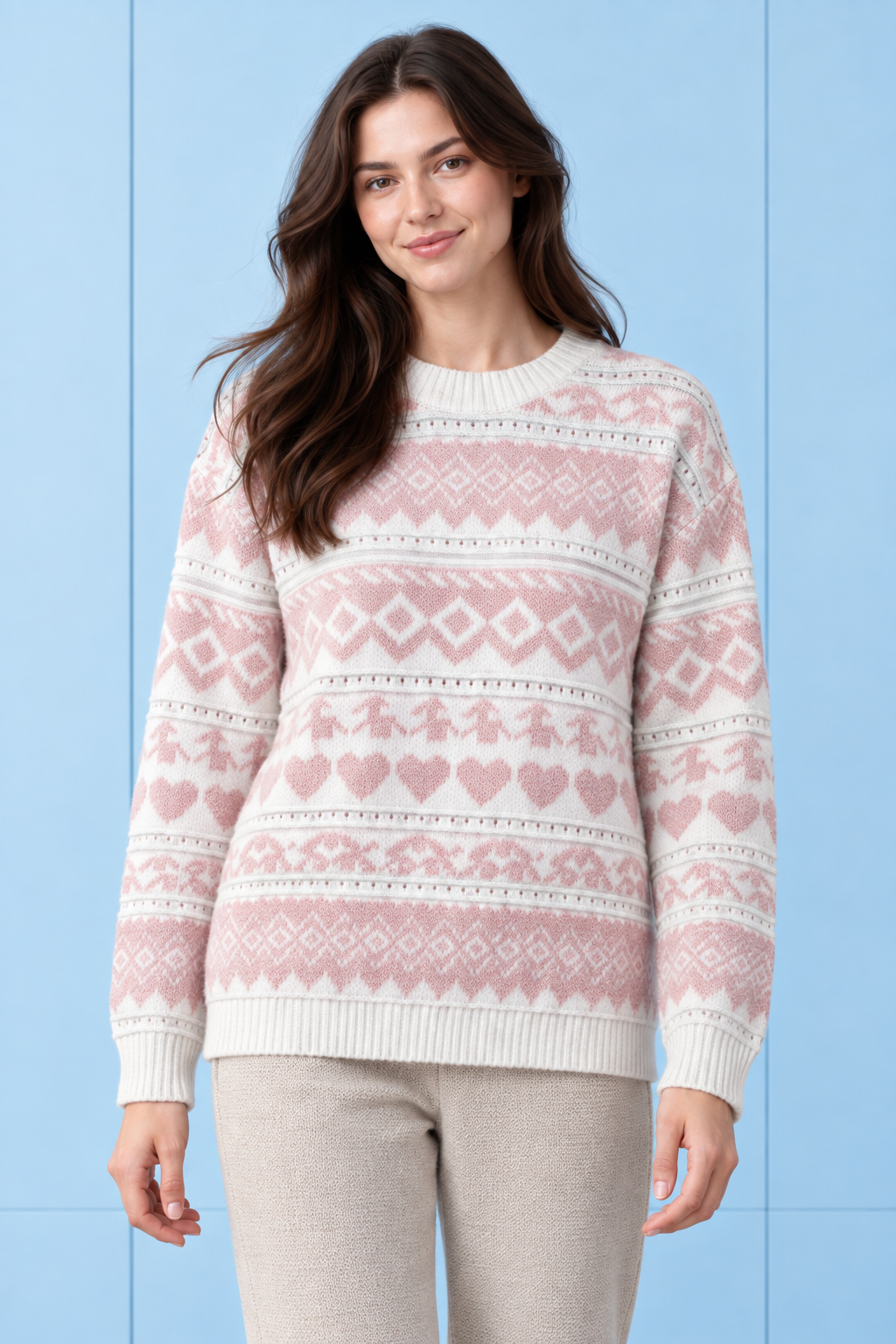 Women’s Pastel Pink Knitted Wool Fair Isle Sweater – Regular Fit Crew Neck