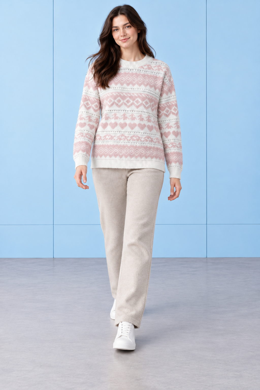 Women’s Pastel Pink Knitted Wool Fair Isle Sweater – Regular Fit Crew Neck