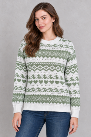 Women’s Off White & Sage Jacquard Knit Sweater – Regular Fit Full Sleeve Winter Pullover