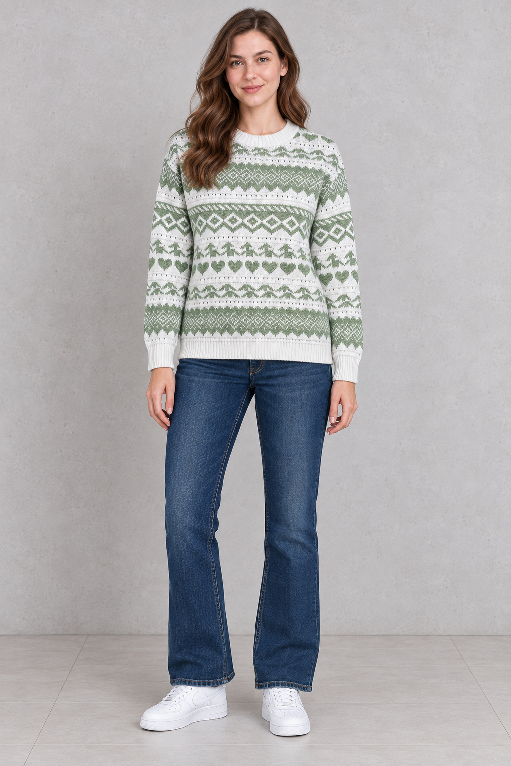 Women’s Off White & Sage Jacquard Knit Sweater – Regular Fit Full Sleeve Winter Pullover