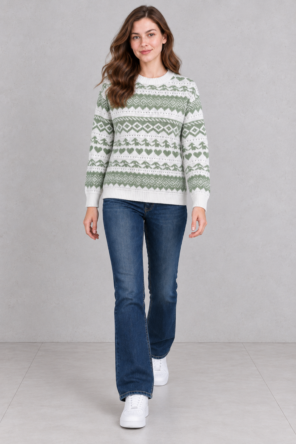 Women’s Off White & Sage Jacquard Knit Sweater – Regular Fit Full Sleeve Winter Pullover