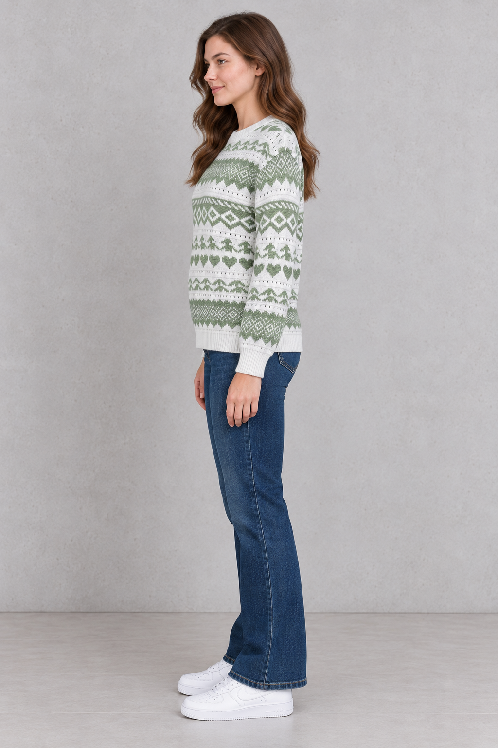 Women’s Off White & Sage Jacquard Knit Sweater – Regular Fit Full Sleeve Winter Pullover