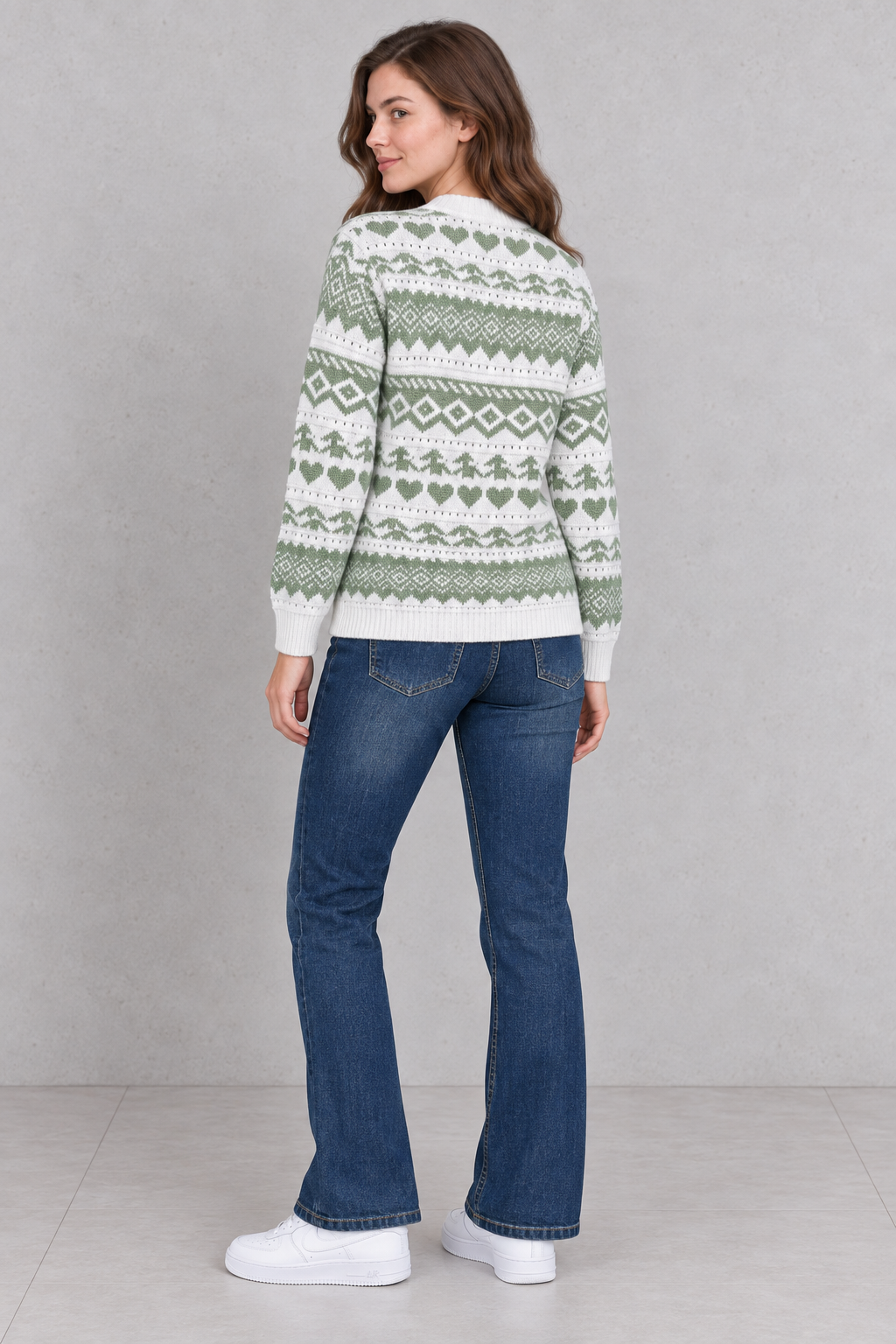 Women’s Off White & Sage Jacquard Knit Sweater – Regular Fit Full Sleeve Winter Pullover