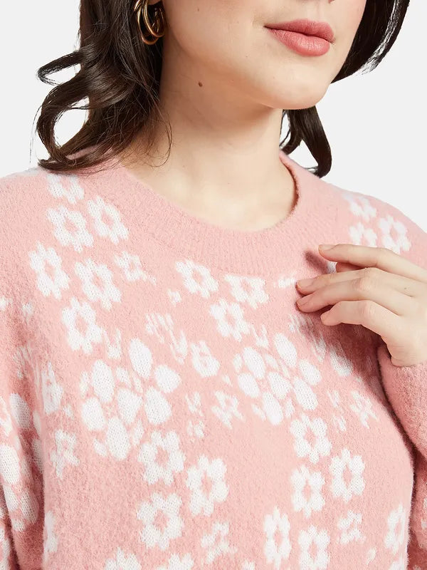 Mettle Women Pink  White Floral Printed Pullover