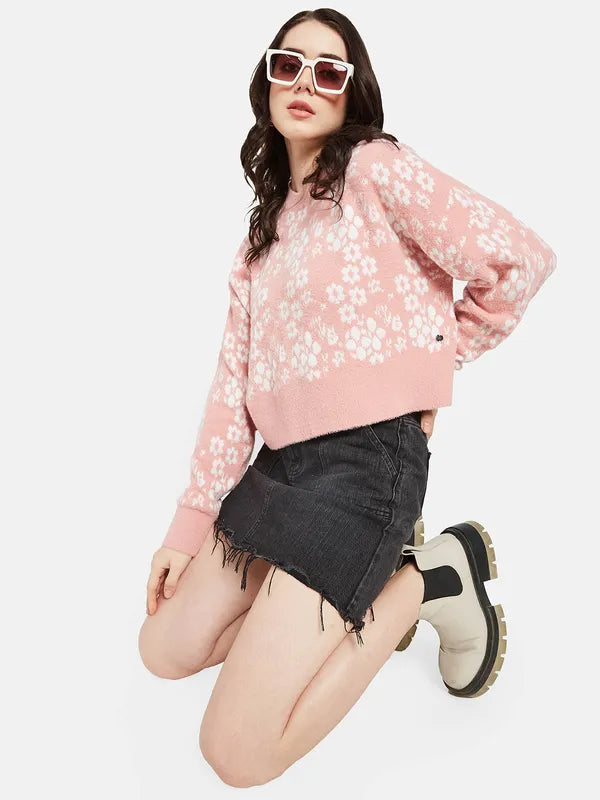 Mettle Women Pink  White Floral Printed Pullover