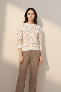 Women Floral Printed Round Neck Pullove Sweater