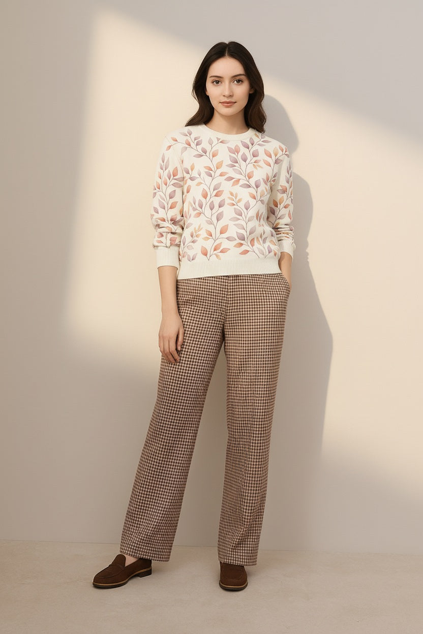 Women Floral Printed Round Neck Pullove Sweater