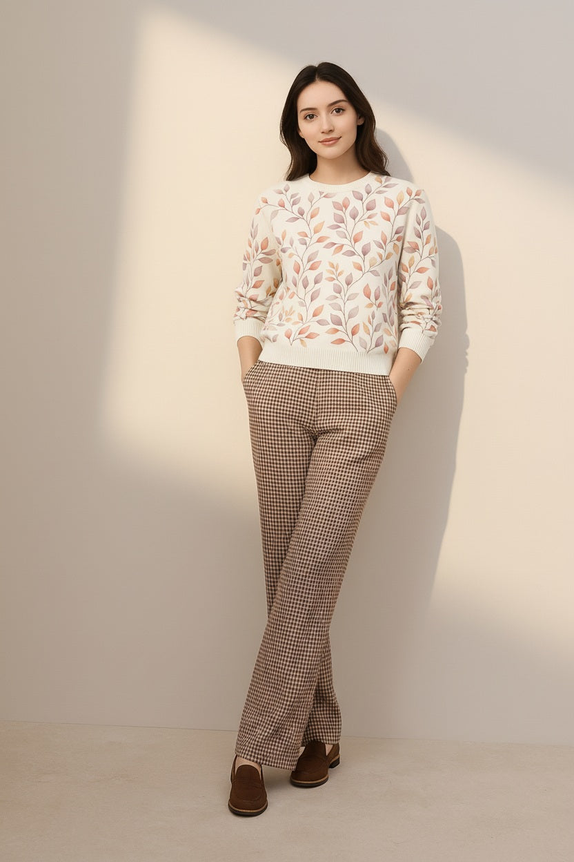 Women Floral Printed Round Neck Pullove Sweater