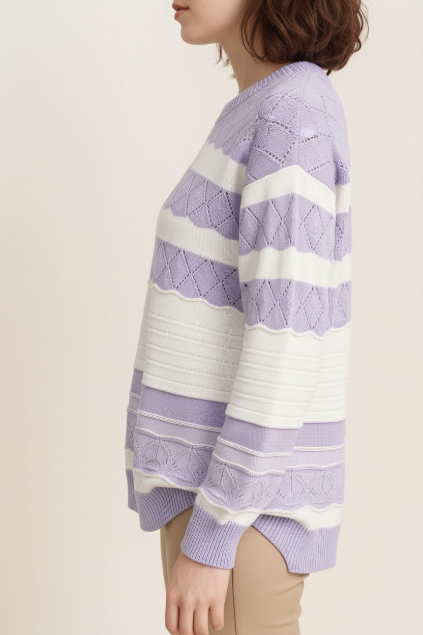 Women Striped Round Neck Pullover Sweater