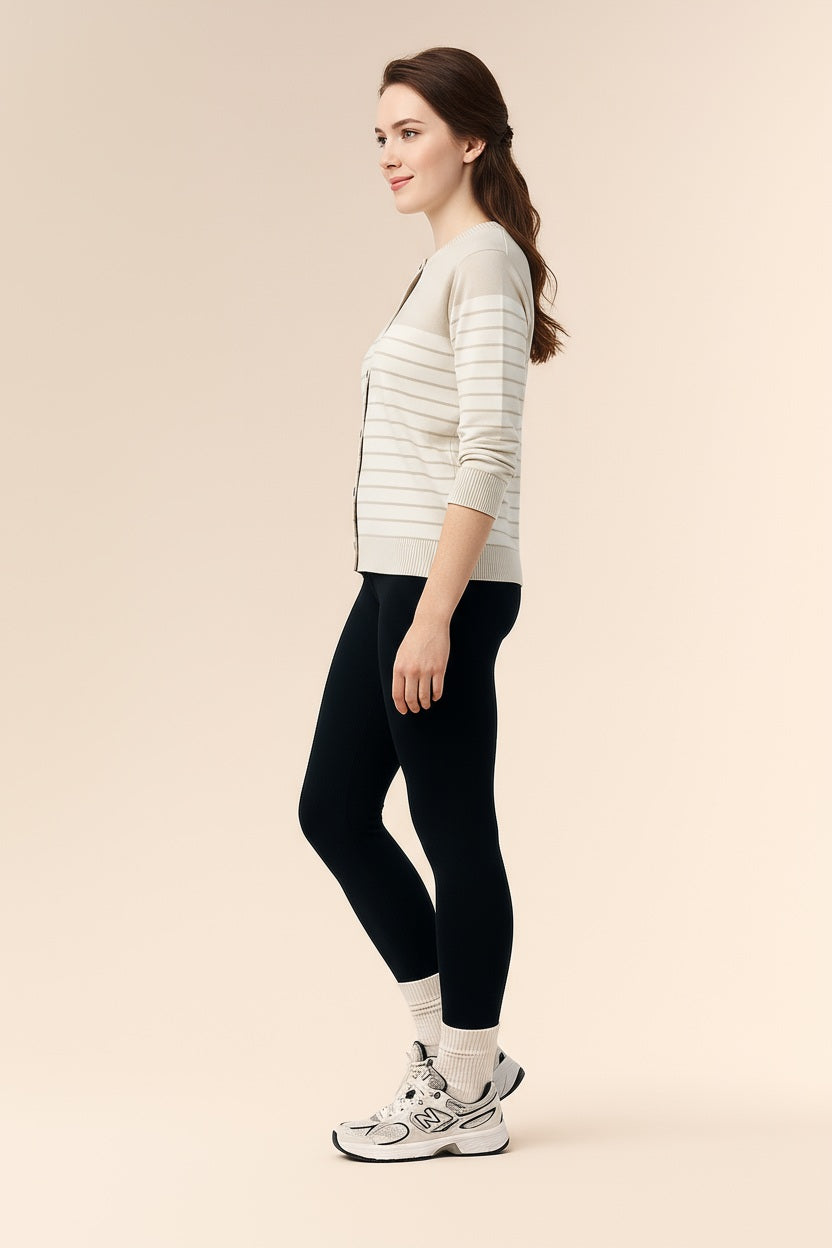 Women Striped Round Neck Cardigan Sweater